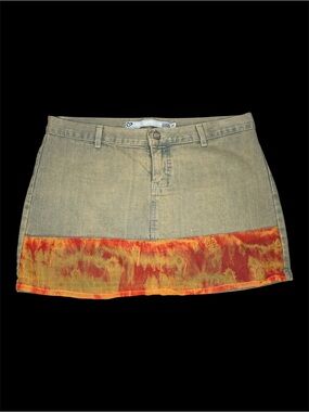 Vintage Y2K Clock House Patchwork Denim Mini Skirt Tie Dye Hem Made in Brazil